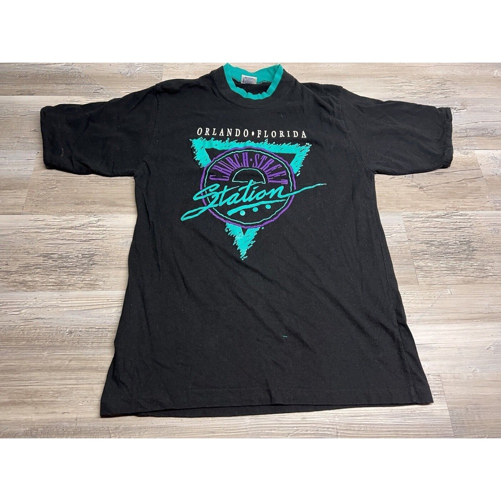Vintage 90s Orlando L T-Shirt Neon Retro Church Street Station USA Double Collar